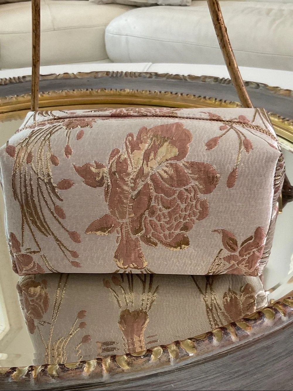 Vince Camuto Blush Pink and Gold Floral Jacquard Cosmetic Pouch